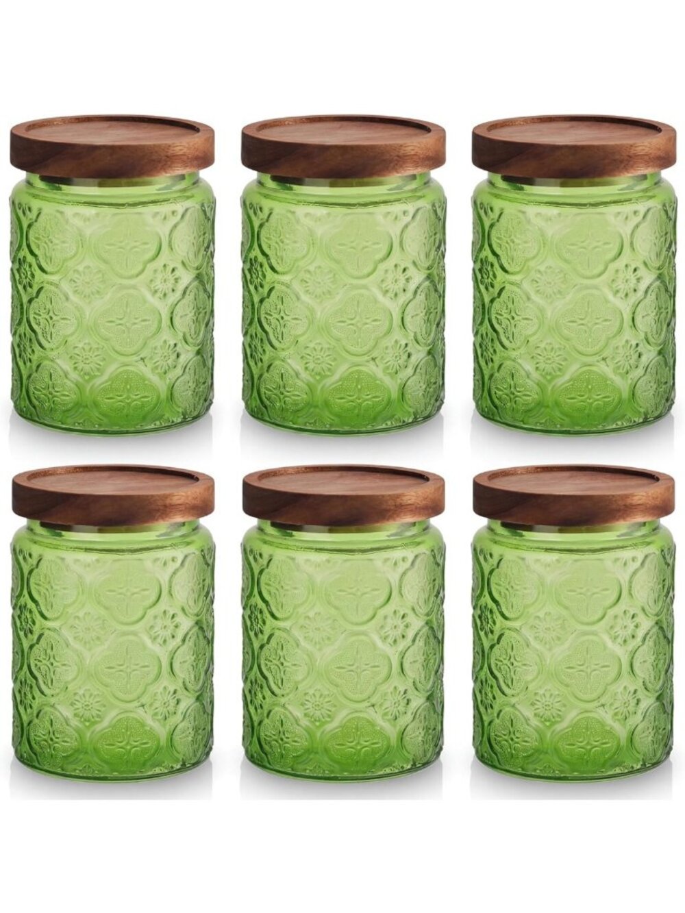 Set of 6 Vintage Green Glass Jars with Wood Lids for Home Decor & Storage